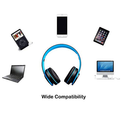 Wireless Headset with Mic, Foldable Bluetooth Headphone with 3.5mm Audio Jack, Built-in Noise Cancelling Microphone, Support for Plug-in Card, for PC, Phone(Black+Blue)