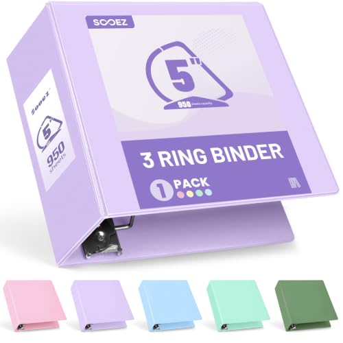 Sooez BinderX Extra Durable 5 Inch 3 Ring Binder, D-Ring Large Binder, Holds 950 Sheets of 8.5x11 Paper, Customizable View Cover with Inside Pockets, Heavy Duty 3 Ring Binder for School, Lavender - color: Lavender, size: 5 inch