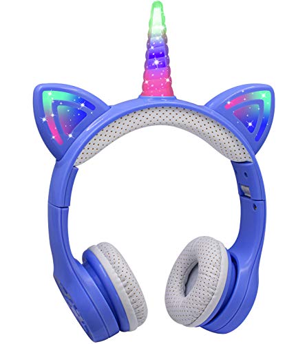 Unicorn Kids Bluetooth Headphones,15 Hours Play time, Toddler Bluetooth Headphones for Girls Boys Laptop Phones,Led Light Up Kids Wireless Headphone for Birthday Travel School Gifts (Blue) - color: Blue