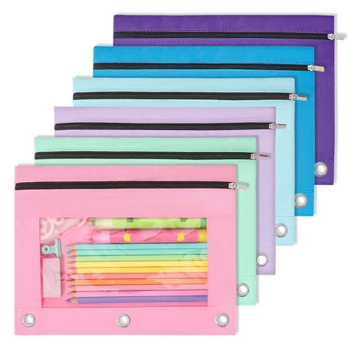 SUNEE Pencil Pouch for 3-Ring Binder, Large Pencil Case with 3 Reinforced Grommets, Zipper Pencil Pouch, Clear Window Pencil Case, Binder Accessories, 6 Assorted Colors, 6 Pack - color: Multicolor