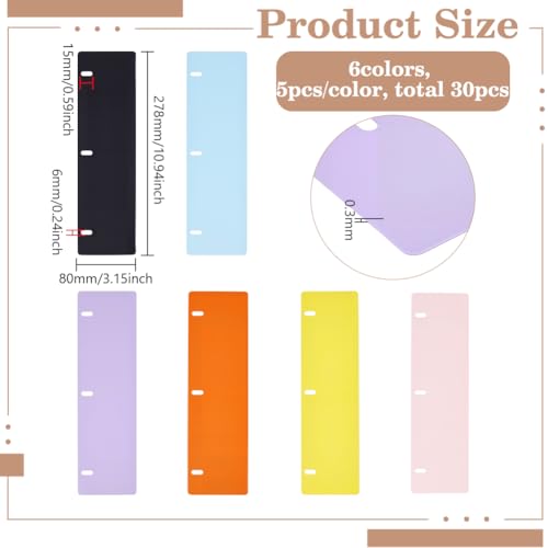 FINGERINSPIRE 30Pcs Mini Binder Divider Snap-in Bookmark, 278x80mm/10.94x3.15inch 6Colors 3 Ring Binder Notebook Divider Removable Plastic Loose Leaf Dividers for Notebook Planner