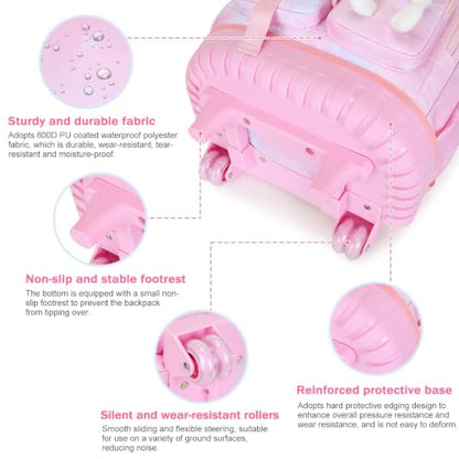 FIXITOK Rolling Backpack for Girls, Kawaii Bunny Roller Wheels School Backpacks with Lunch Bag Pencil case, Wheeled Suitcase Bookbag for Elementary Travel Dreamy-Pink - color: Dreamy-pink