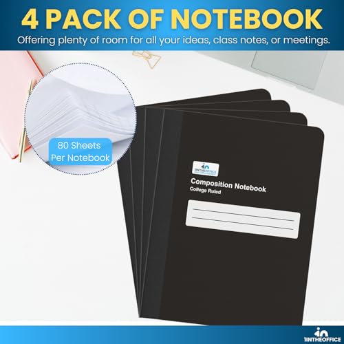 1InTheOffice Composition Notebook, College Rule Notebook, 160 Pages (80 Sheets), Black, 7 1/2" x 9 3/4", 4 Pack