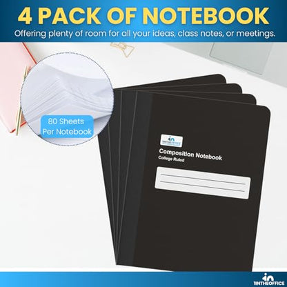 1InTheOffice Composition Notebook, College Rule Notebook, 160 Pages (80 Sheets), Black, 7 1/2" x 9 3/4", 4 Pack