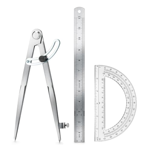 Compass Geometry Tool, Drawing Compass, Professional 12 Inch Large Compass with Wing for Woodworking, 6 Inch Protractor, 12 Inch Ruler for Carpenter, Drafting - size: 12 inches