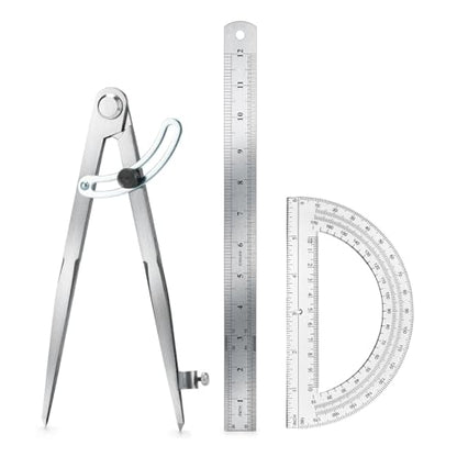 Compass Geometry Tool, Drawing Compass, Professional 12 Inch Large Compass with Wing for Woodworking, 6 Inch Protractor, 12 Inch Ruler for Carpenter, Drafting - size: 12 inches
