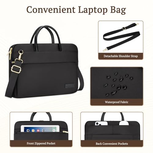 RAINYEAR 14 Inch/15.6 Inch Laptop Bag with Pockets & Handle for Women | Protective Waterproof Elegant Computer Large Capacity Shoulder Bag Case Compatible with MacBook Laptop Computer Notebook - color: Black, size: 15.6 Inch