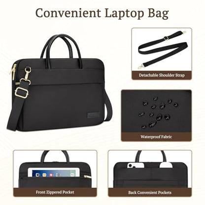 RAINYEAR 14 Inch/15.6 Inch Laptop Bag with Pockets & Handle for Women | Protective Waterproof Elegant Computer Large Capacity Shoulder Bag Case Compatible with MacBook Laptop Computer Notebook - color: Black, size: 15.6 Inch