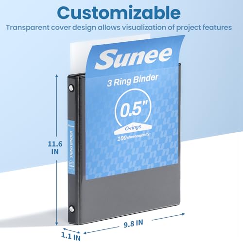 SUNEE 1/2 Inch Binders 3 Ring, PVC-Free Clear View Half Inch Binders (Fits 8.5x11 Inches) for School, Office & Home Use, Black - color: Black, size: 0.5 Inch, style: 4 Pack