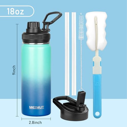 MEZMUT 18oz Insulated Water Bottle with Straw&2 Lids Stainless Steel Water Bottles Kids Metal Thermos Water Bottle Cup for School Vacuum Insulated Bottles Leak-Proof Travel Cup (Gradient Blue) - color: Gradient Blue, size: 18 Ounces