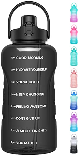 HydroPal 1 Gallon Water Bottles with Straw, 128 oz Water Bottle BPA Free Innovative 2-IN-1 Lid Gym Bottle with Times to Drink Motivational, Large for Sports Fitness Camping Water Jug （13.8X5.5 inch） - color: Obsidian Black