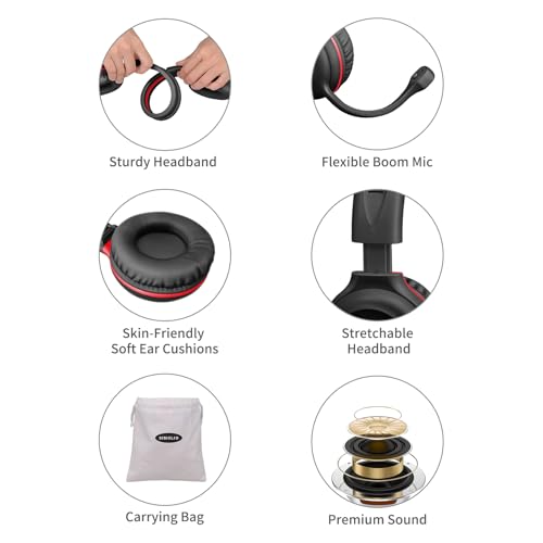 SIMOLIO Wired Headphones for School with Microphone, Stereo Kids Headphone with Flexible Swivel Boom Mic for Student K12 & Teacher & E-Learning, 3 Levels Volume Limiter Gaming Headsets for Boys, Girls - color: Black