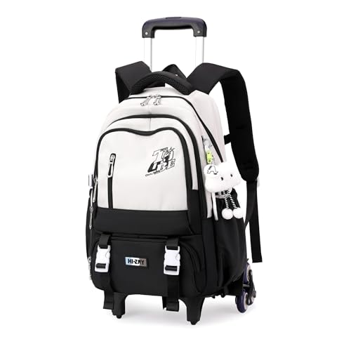 Rolling Backpack for Girls Boys Elementary Middle School Bags, Kids Roller Boys Girls Backpack with 6 Wheels, Black+light beige - color: 6 Wheels-01-black+light Beige, style: 6 Wheels