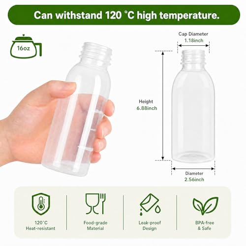 EONJOE 12pk 16oz Dishwasher Safe Plastic Bottles With Lid for Juice & Milk | BPA free ,Durable food-grade PP5 bottles. Dishwasher & freezer safe, heat-resistant for hot or cold drinks, leak-proof caps. - color: 12pcs-16oz