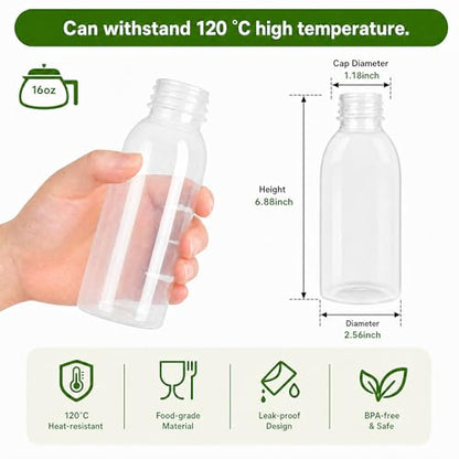 EONJOE 12pk 16oz Dishwasher Safe Plastic Bottles With Lid for Juice & Milk | BPA free ,Durable food-grade PP5 bottles. Dishwasher & freezer safe, heat-resistant for hot or cold drinks, leak-proof caps. - color: 12pcs-16oz