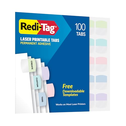 Redi-Tag Laser Printable Tabs, Permanent Index Tabs, Customizable Adhesive Labels, Assorted Pastel Colors, 1.125" x 1.25", 100 Per Pack (1006790)
