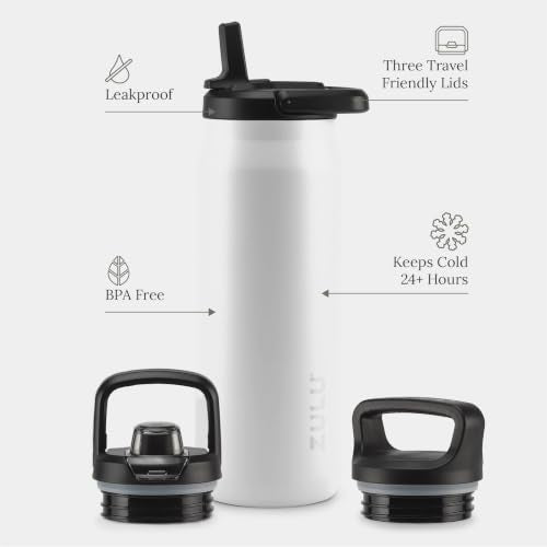 ZULU Base 32oz Stainless Steel Water Bottle with 3 Lids- Straw, Chug, Twist | Double Walled and Vacuum Insulated Metal Thermos | For Gym, Workout, Outdoor | Built in Carry Loop, Dishwasher Safe, White - color: White, style: 32oz