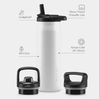 ZULU Base 32oz Stainless Steel Water Bottle with 3 Lids- Straw, Chug, Twist | Double Walled and Vacuum Insulated Metal Thermos | For Gym, Workout, Outdoor | Built in Carry Loop, Dishwasher Safe, White - color: White, style: 32oz