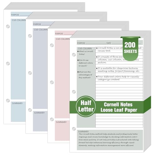 200 Sheet Half Letter Cornell Notes Loose Leaf Paper for 3 Ring Mini Binder 5.5" x 8.5" Lined Paper 9/32" Spacing Cornell Notebook Refills Taking System Filler Paper Bulk for School Office 80gsm - size: Half Letter-3 Ring