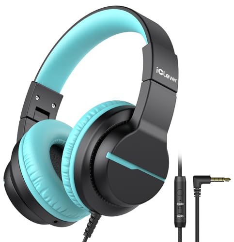 iClever HS19 Kids Headphones with Microphone for School, Volume Limiter 74/85dBA, Over-Ear Girls Boys Headphones for Kids with Shareport, Foldable Wired for iPad/Travel (Black) - color: Dark