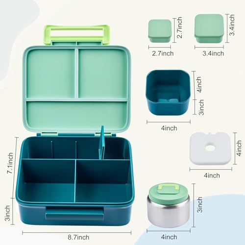 Bento Lunch Box for Kids with 8oz Soup Thermo Leak-Proof Lunch Food Containers with Snack Sauce Container for Kid Girls Boys to School, Green - color: Pure Green