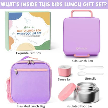 Fimibuke Bento lunch Box Set for Kids Adult with 8oz Insulated Food Jar, Lunch Bag & Sauce Cup, Leakproof Dishwasher Safe Toddler Lunch Food Container with 3-4 Compartment for School Girls Boys - color: A5.Purple & Pink