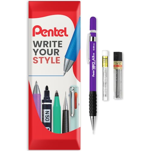 Pentel 120 Series Automatic Mechanical Pencil A315 + 12 HB Refill Leads + Tube of Eraser Refills - In Pillow Packaging - 0.5mm - Violet