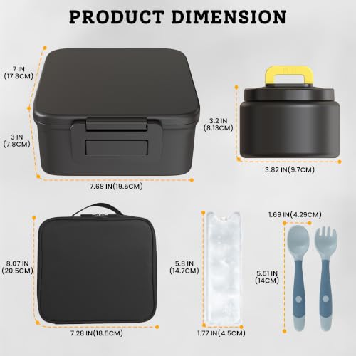 MAISON HUIS Bento Lunch Box with 8oz Soup Thermo and Insulated Lunch Bag, Kids Leakproof Lunch Food Containers with 5 Compartment, Boys Girls Thermo Hot Food Jar for Travel, School, BPA Free (Black) - color: Black1