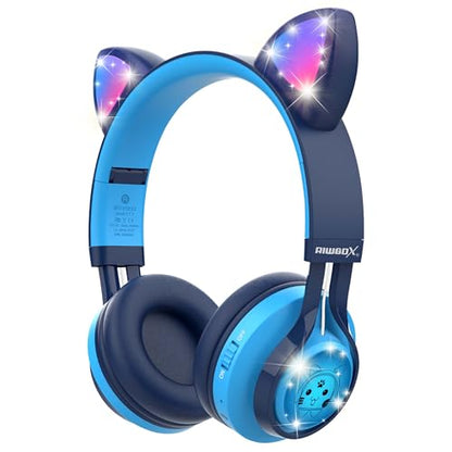 Riwbox CT-7 Cat Ear Bluetooth Headphones, LED Light Up Bluetooth Wireless Over Ear Headphones with Microphone and Volume Control for Travel/School/Smartphones/Laptop/PC/TV (Blue) - color: Blue