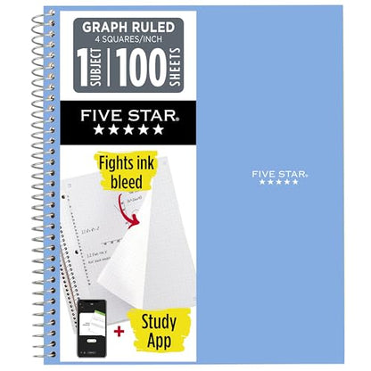 Five Star Spiral Notebook + Study App, 1 Subject, Graph Ruled Paper, 8-1/2" x 11", 100 Sheets, Fights Ink Bleed, Water Resistant Cover, Tidewater Blue (06190AA4) - color: Blue, size: Pack of 1