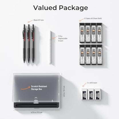 Nicpro 0.9 Metal Mechanical Pencil Set with Case, 3PCS Black MP1000 0.9mm Drafting Pencil, 8 Tubes HB Lead Refills, 3PCS Erasers, Erasers Refills for Artist Writing, Drawing, Sketching - color: Black, style: 0.9 MM