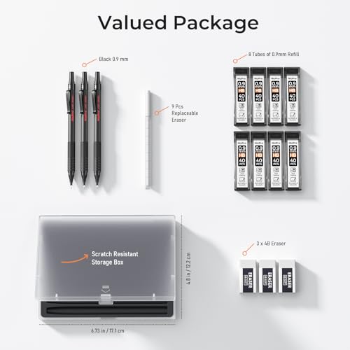 Nicpro 0.9 Metal Mechanical Pencil Set with Case, 3PCS Black MP1000 0.9mm Drafting Pencil, 8 Tubes HB Lead Refills, 3PCS Erasers, Erasers Refills for Artist Writing, Drawing, Sketching | 3PCS MP1000 0.9mm Drafting Pencil, 320PCS HB Lead Refills, 3PCS Eras