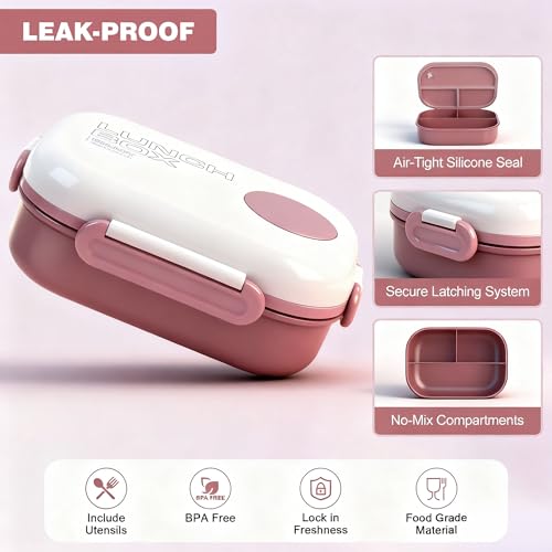 Lunch Box for Women, Kids & Men, Leak-Proof 3-Compartment Bento | Insulated bag, utensils & sauce container included; BPA-free; Microwave & dishwasher safe; Ideal for school, work & travel. - color: Red