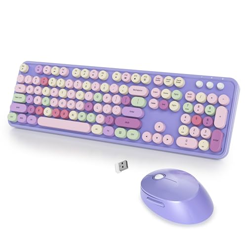 Wireless Keyboard and Mouse Set, Retro Typewriter 2.4GHz Full Size 104-Key Cute Colorful Keyboard with Number Pad Round Keycaps for Windows PC Laptop(Colorful Purple) - color: Colorful purple