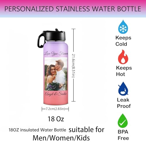 D-Story Personalized Insulated Water Bottle with Straw 18Oz Text Name Custom Picture Stainless Steel Sports Water Bottles for Kids Women Men Customized Double Wall Vacuum Cup Birthday Gifts - color: Design 24