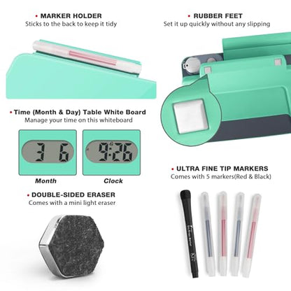 Small Glass Desk Whiteboard Dry-Erase Board with Clock, Small Travel Clock Keychain with Desk Notepad, Time Table Whiteboard for Desk Digital LED Light Display, 8x6 in with Accessories, Turquoise - color: Turquoise With Clock