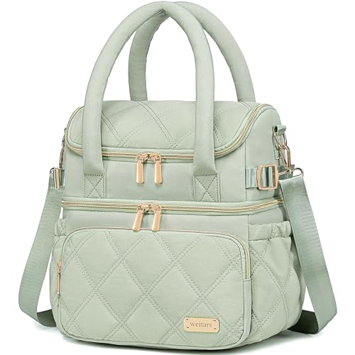 Weitars Lunch Bag for Women Men,Double Deck Lunch Box for Women,Quilted Lunch Tote for Work,Insulated Lunch Cooler Leakproof Lunchbox for Adult with Shoulder Strap &Pockets for Picnic Hiking (Green) - color: Green