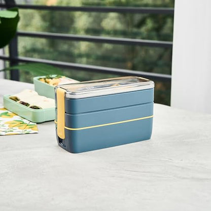Restaurantware Bento Box 1 Count 30 Ounce Plastic Lunch Box Stackable With Cutlery, Leakproof Microwave-Safe Meal Prep Container Stackable Blue - size: 1 Count, style: 30 oz - Blue