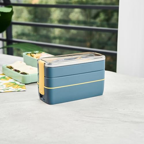 Restaurantware Bento Box 10 Count 30 Ounce Plastic Lunch Box Stackable With Cutlery, Leakproof Microwave-Safe Meal Prep Container Stackable Blue - size: 10 Count, style: 30 oz - Blue