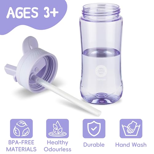 14oz Clear Kids Water Bottle with Straw Lid, BPA-Free Tritan, Measurement Scale, Sturdy Handle Wide Mouth Leak-proof Reusable Plastic Bottle for Boy& Girls, Back to School(Light Purple) - color: Light purple
