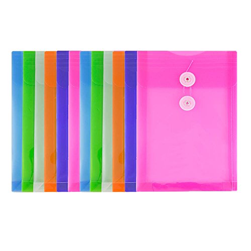 JAM PAPER Plastic Envelopes with Button & String Tie Closure - 6 1/4 x 9 1/4 - Assorted Colors - 12/Pack - color: Orange,blue,green,red, size: 6 x 9