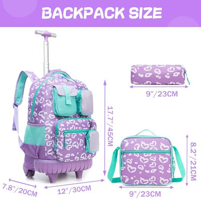 Meetbelify Rolling Backpack for Girls Boys Backpacks with Wheels Kids Carry on Luggage for Girls Boys - color: Girl Purple Love