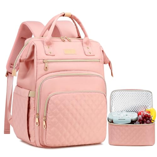 AIJIEKE Lunch Backpack for Women, 15.6 Laptop Backpack, Lunch Box, Pink | Water resistant computer bag with insulated leakproof cooler. Travel meal prep backpack for nurse, teacher, college commute - color: Pink