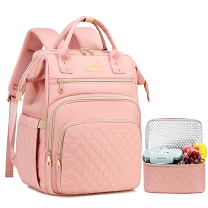 AIJIEKE Lunch Backpack for Women, 15.6 Laptop Backpack, Lunch Box, Pink | Water resistant computer bag with insulated leakproof cooler. Travel meal prep backpack for nurse, teacher, college commute - color: Pink