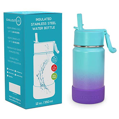 CHILLOUT LIFE 12oz Kids Insulated Stainless Steel Water Bottle with Leak Proof Straw Lid & 144 Stickers - color: Caribbean Lily, style: 12 oz