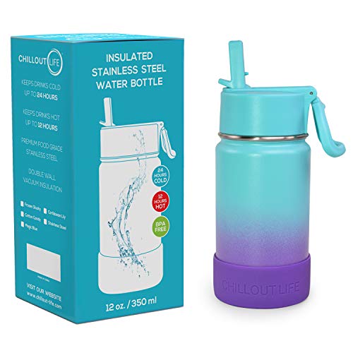 CHILLOUT LIFE 12oz Kids Insulated Stainless Steel Water Bottle with Leak Proof Straw Lid & 144 Stickers - color: Caribbean Lily, style: 12 oz