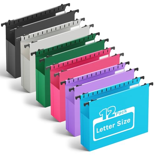 Plastic Hanging File Folder Letter Size,Heavy Duty 2" Expandable File Folder with Tabs,12 Pack Reinforced Expanding Hanging Folder,File Cabinet Folders,Extra Capacity,Hanging Organizer for Home Office - color: Multicolored, style: 12-pack 2in
