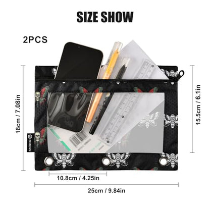2 Pack 3 Ring Binder Pencil Pouch Gothic Butterfly Skull Pencil Case Pencil Bags with Zipper, Clear PVC Binder Pockets for Office Daily Supplies - color: Color 10
