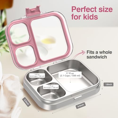 HOMEKOL Stainless Steel Bento Lunch Box, Pink, 3.3Cups | 3-Compartment,Leak-Proof, for Kids & Adults, BPA-Free, Dishwasher Safe, Clear Tritan Lid, 800ml (Not Insulated) - color: Pink, size: 27oz (800ml)