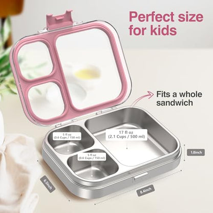 HOMEKOL Stainless Steel Bento Lunch Box, Pink, 3.3Cups | 3-Compartment,Leak-Proof, for Kids & Adults, BPA-Free, Dishwasher Safe, Clear Tritan Lid, 800ml (Not Insulated) - color: Pink, size: 27oz (800ml)